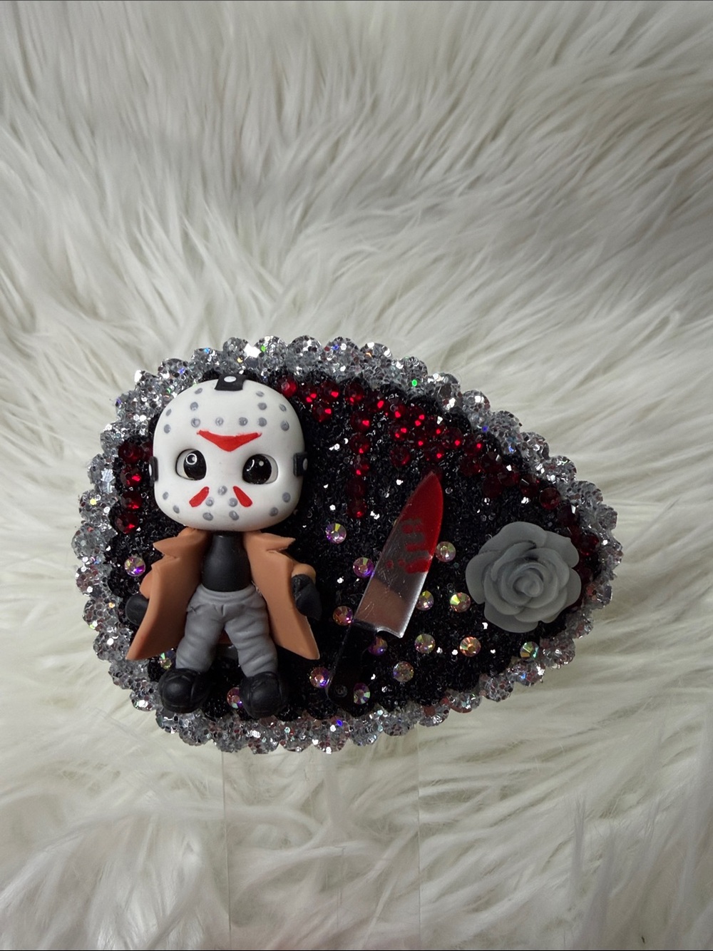 Hand Crafted Black and Red Jason Horror Hair Clip